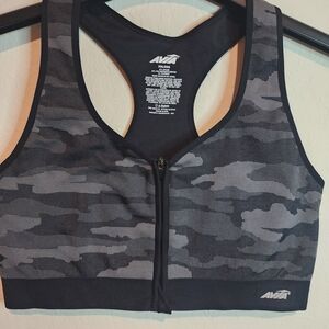 Avia Women's Front-Zip Sports Bra in Gray Camo